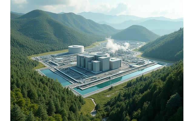 大規模な地熱発電施設の鳥瞰図、広大な敷地にパイプラインや冷却塔が整然と並んでいる