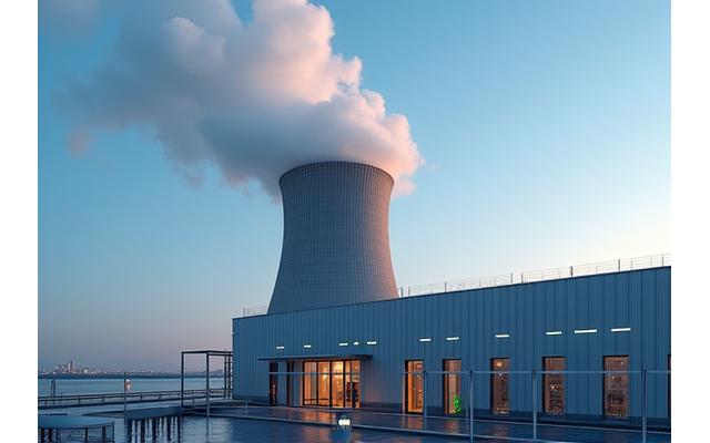 工場やビルの冷却塔から立ち上る蒸気と、温かい水が流れる様子、地熱エネルギーによる供給